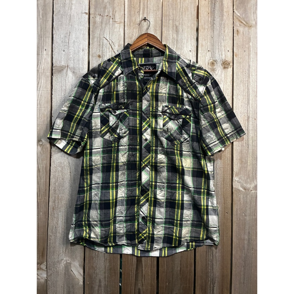 Buckle Black No. 48 Mens Athletic Fit Plaid Short Sleeve Button Down Shirt Large